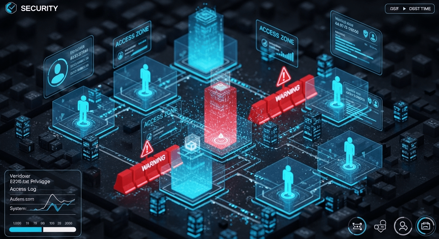 Futuristic network security visualization showing verified users entering a system with restricted access zones representing least privilege.