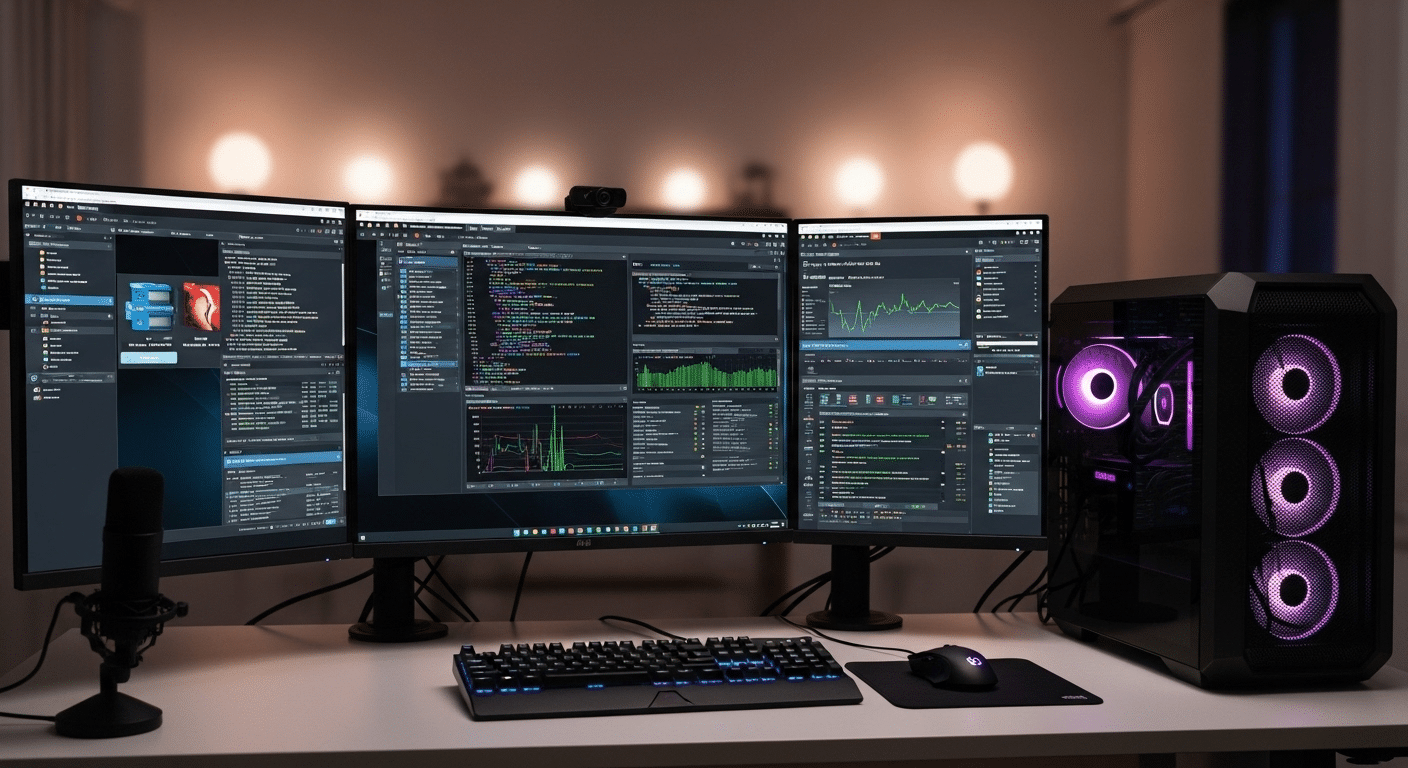 Modern desktop computer used for a cybersecurity home lab with multiple monitors displaying virtual machines and security tools.