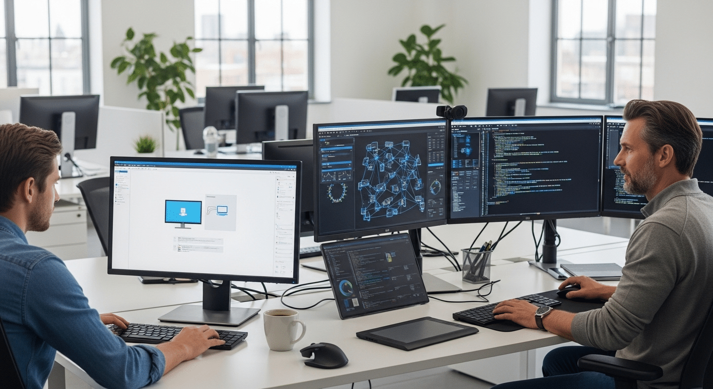 Modern workspace with entry-level user running a basic VM and expert user managing complex virtual environments.