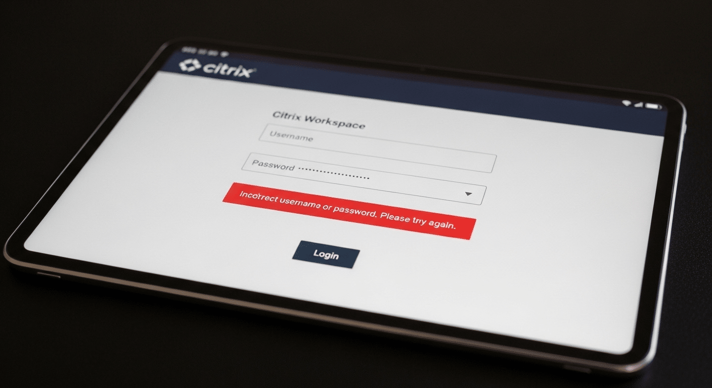Pad showing Citrix Workspace login error screen with incorrect credentials warning.