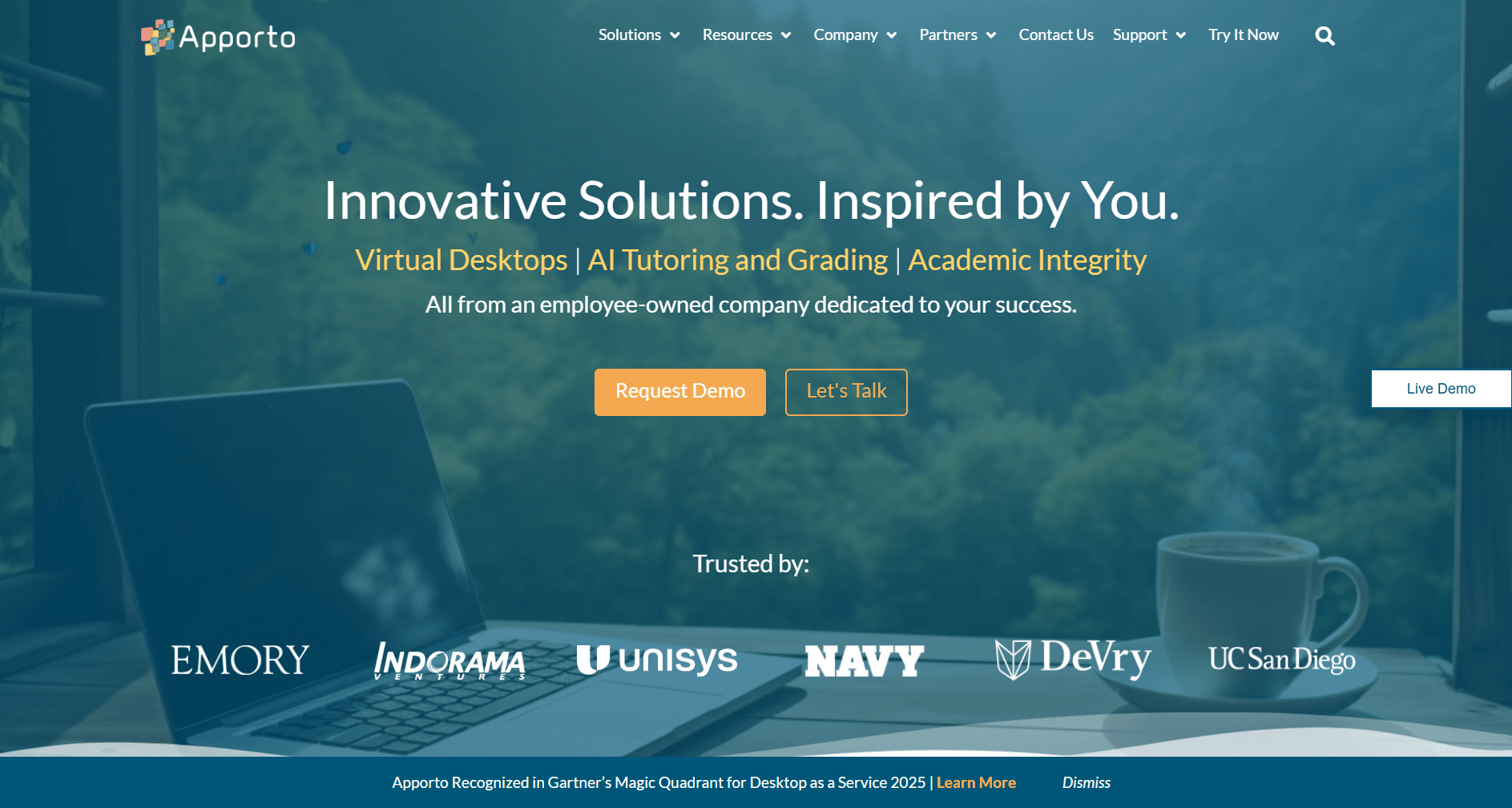 Homepage of Apporto highlighting virtual desktops, AI tutoring and grading solutions, and academic integrity services trusted by universities and organizations.