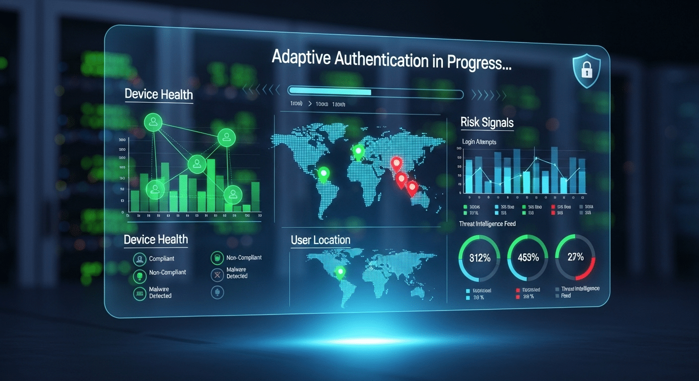 Enterprise cybersecurity concept showing adaptive authentication evaluating device health, user location, and risk signals before granting access.