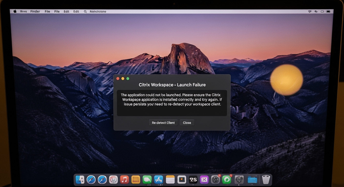 Mac screen showing application launch failure in Citrix with prompt to re-detect workspace client.