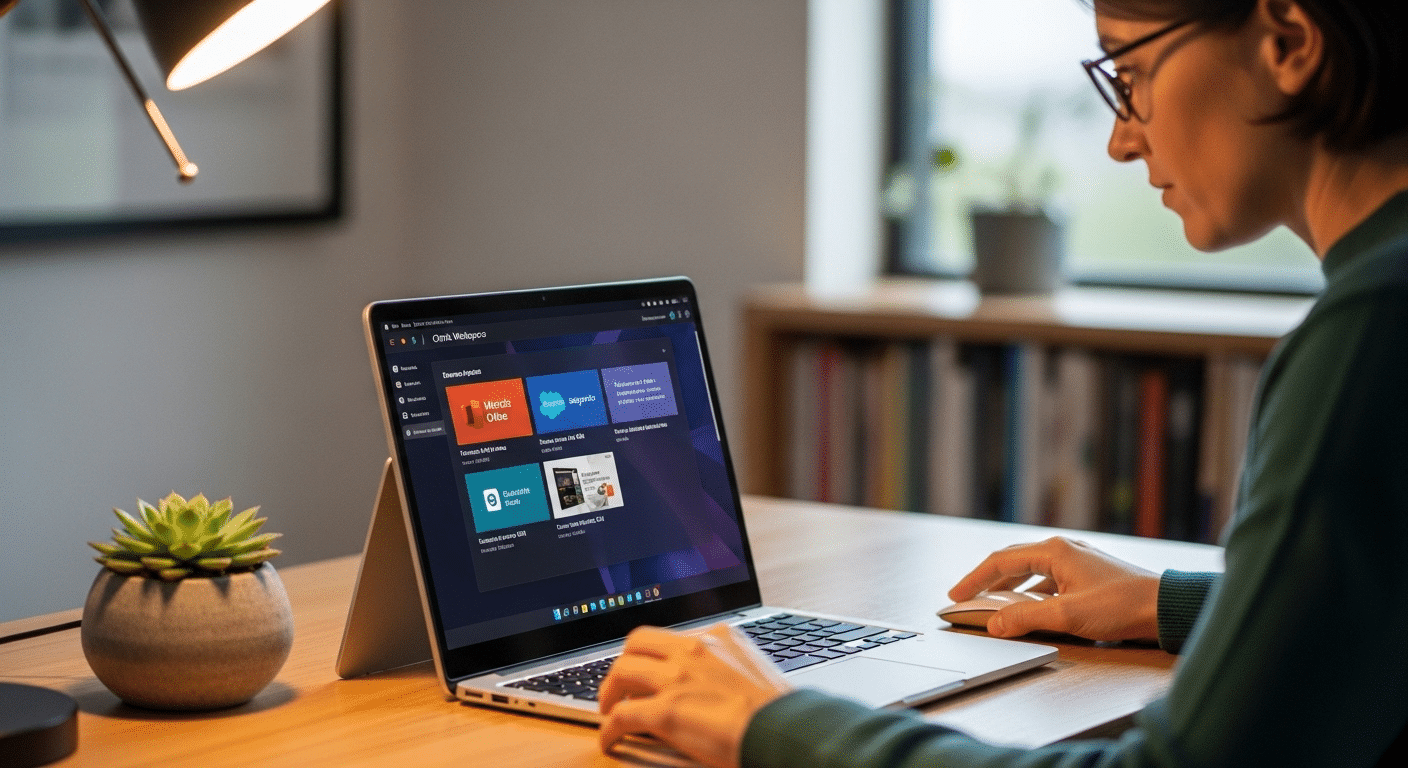User working on Chromebook accessing remote enterprise applications through Citrix Workspace interface.