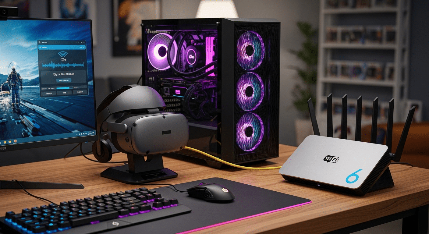 Gaming PC connected to a Wi-Fi 6 router via Ethernet while a VR headset streams a high-bitrate virtual desktop wirelessly.