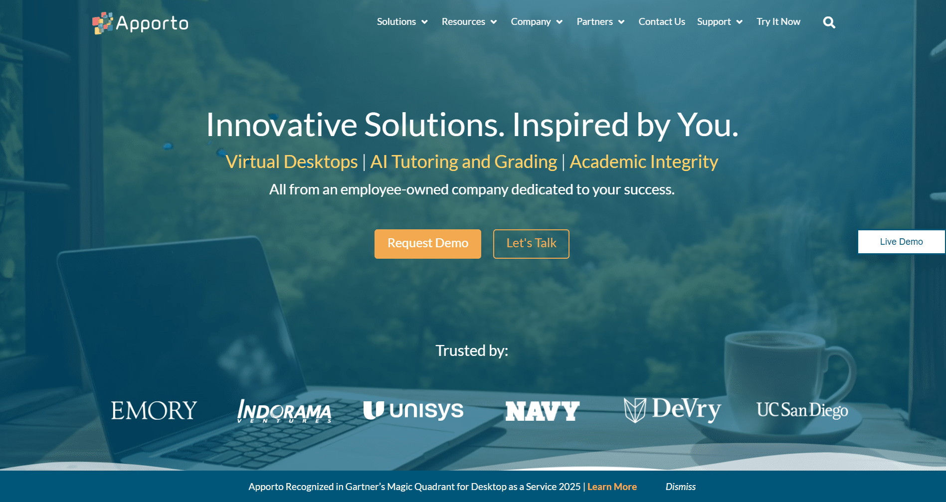 Apporto virtual desktop solutions platform homepage showcasing DaaS services, AI tutoring tools, and trusted enterprise and university partners.