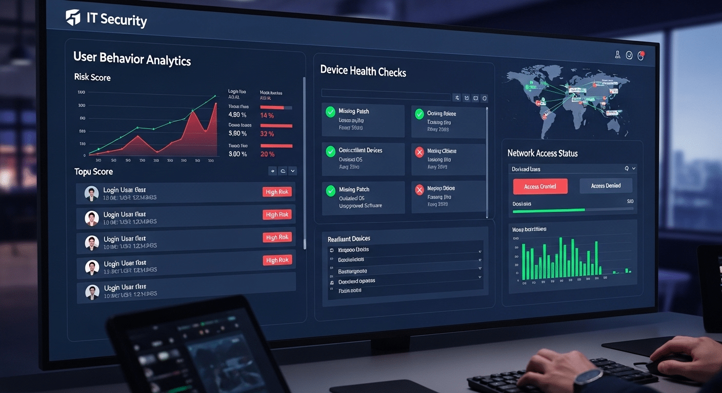 IT security dashboard analyzing user behavior and verifying device health before granting network access in a zero trust system.