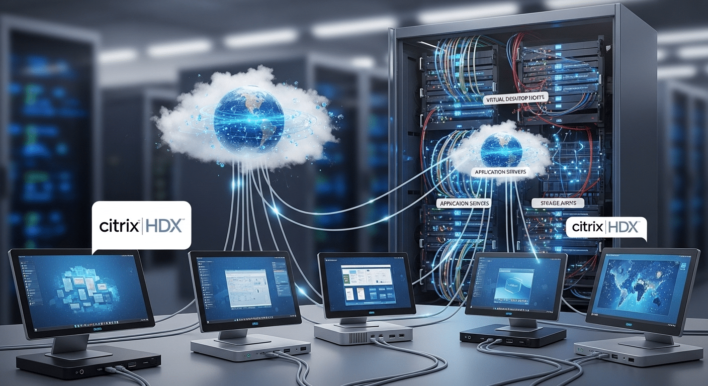 Cloud infrastructure illustration showing thin client devices accessing high-performance virtual desktops through Citrix HDX technology.