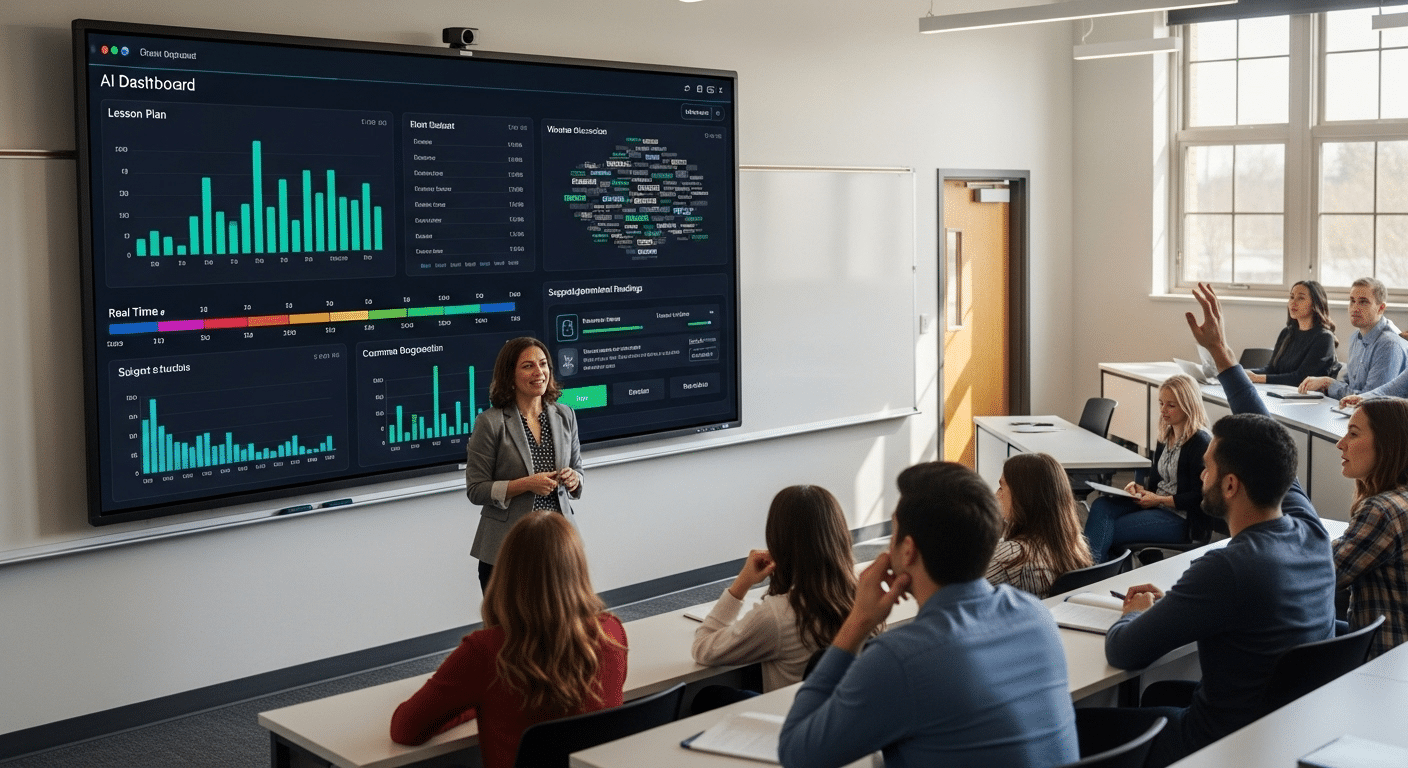 University classroom where teacher leads discussion while AI dashboard supports lesson planning in the background.