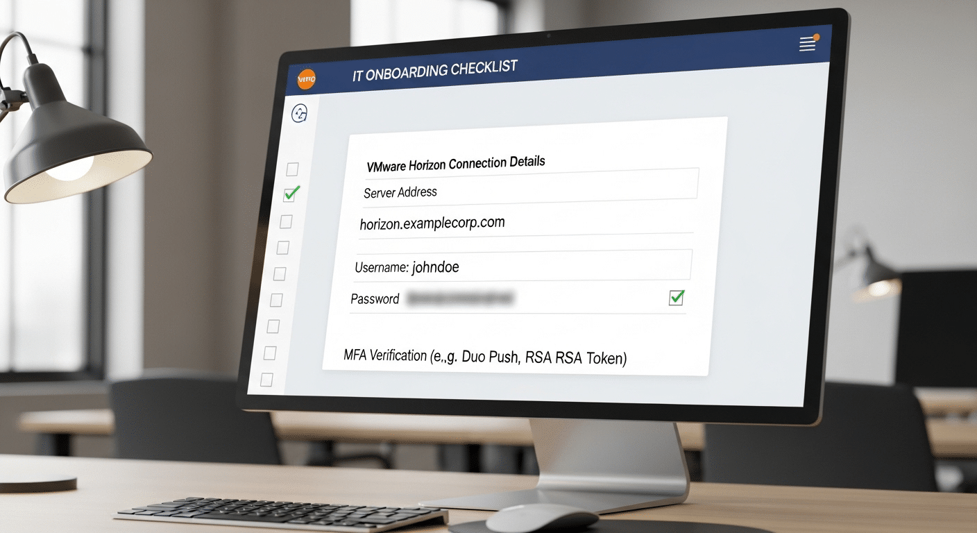 IT onboarding checklist showing required VMware Horizon connection details including server address, credentials, and MFA verification.