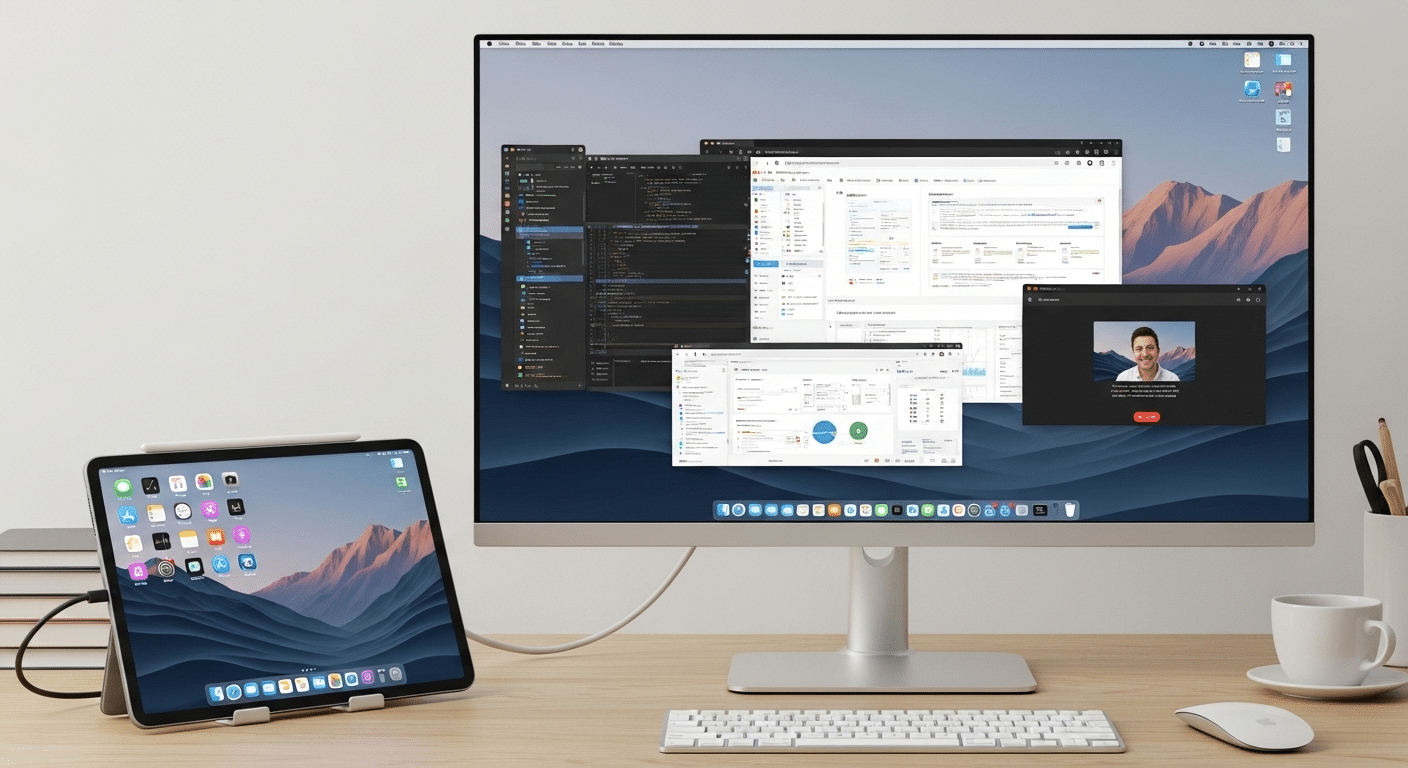iPad connected to external monitor in extended mode running a virtual desktop workspace.