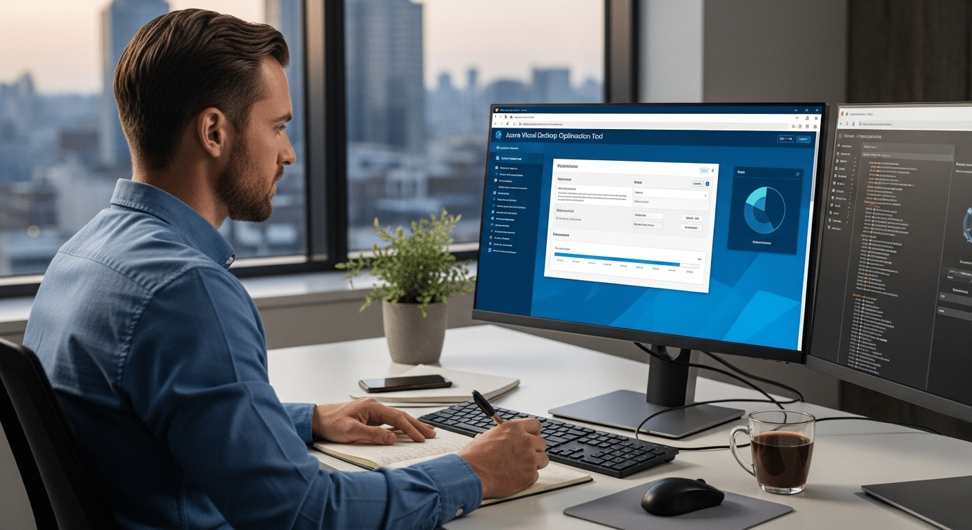 IT administrator optimizing a Windows golden image for Azure Virtual Desktop using the Azure Virtual Desktop Optimization Tool.