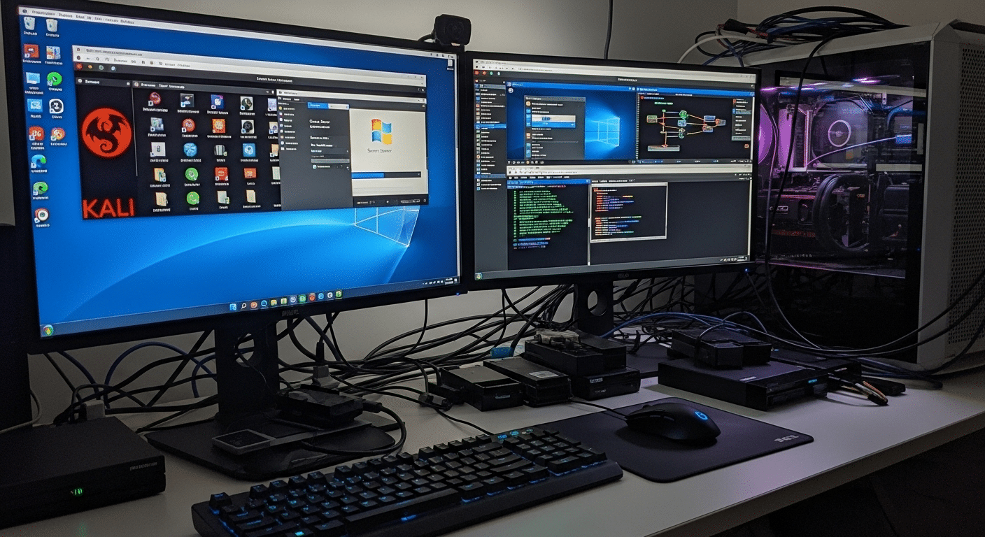 Cybersecurity lab running multiple virtual machines including Kali Linux, Windows Server, Ubuntu, and Metasploitable on a host computer.