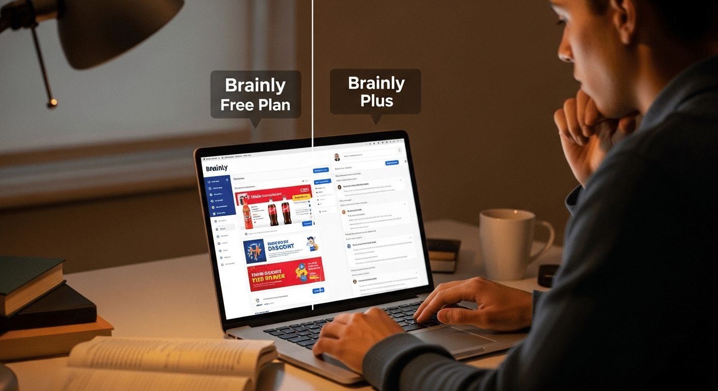 Student comparing Brainly free plan and Brainly Plus subscription on a laptop with ads disappearing on the premium side.