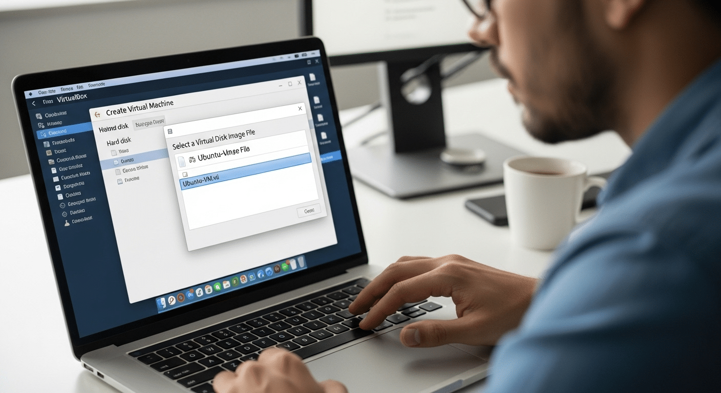 Developer selecting a VDI file from a file browser while configuring a new virtual machine in VirtualBox.