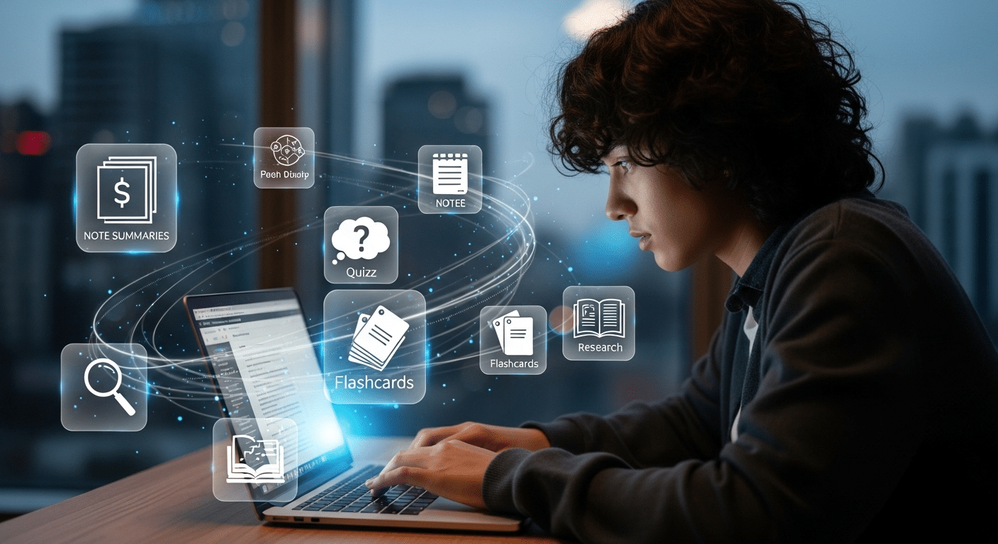Student working at a laptop surrounded by floating AI study tool icons for note summaries, quizzes, flashcards, and research assistance.