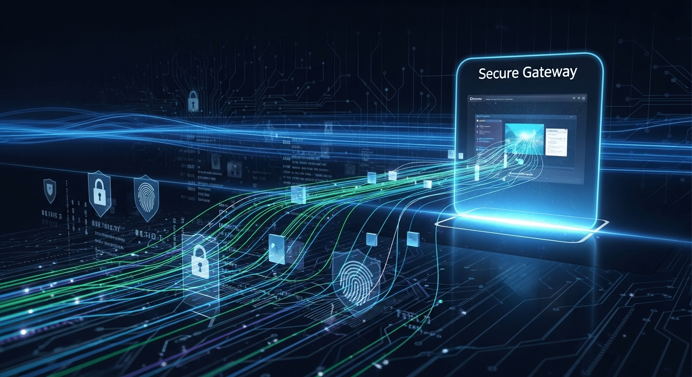 Cybersecurity-style graphic depicting encrypted Horizon desktop session traffic passing through a secure gateway.