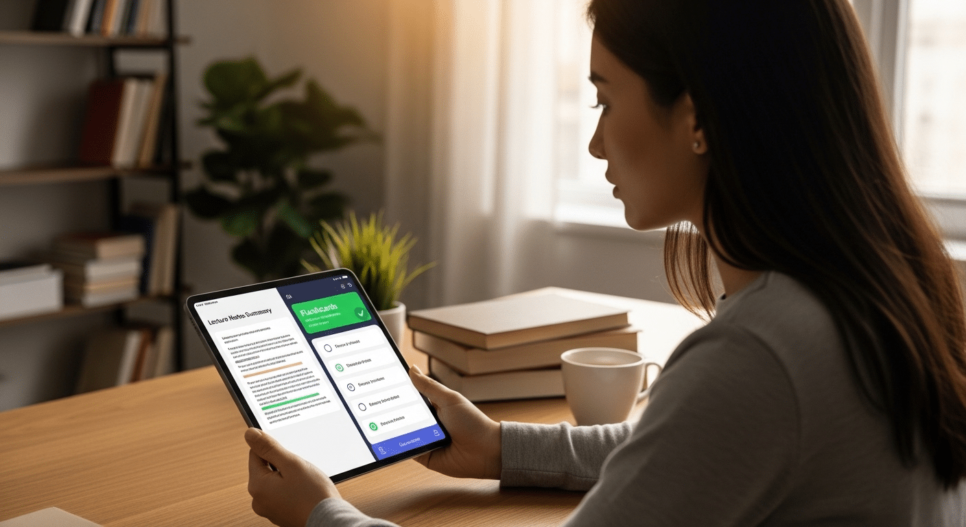 Student using an AI study app that generates quizzes and flashcards from lecture notes to test knowledge.