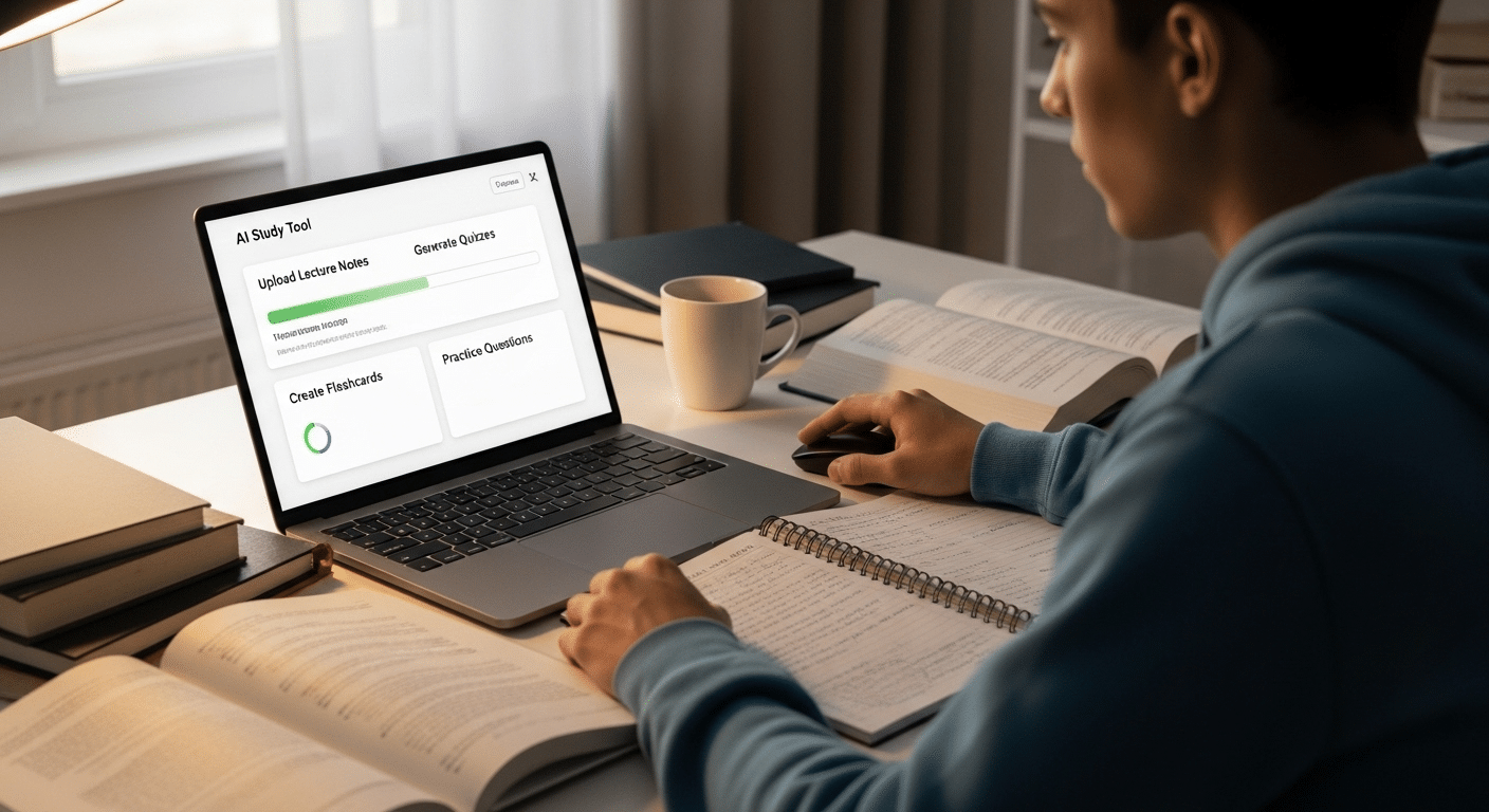 Student uploading lecture notes into an AI study tool that automatically generates quizzes, flashcards, and practice questions.