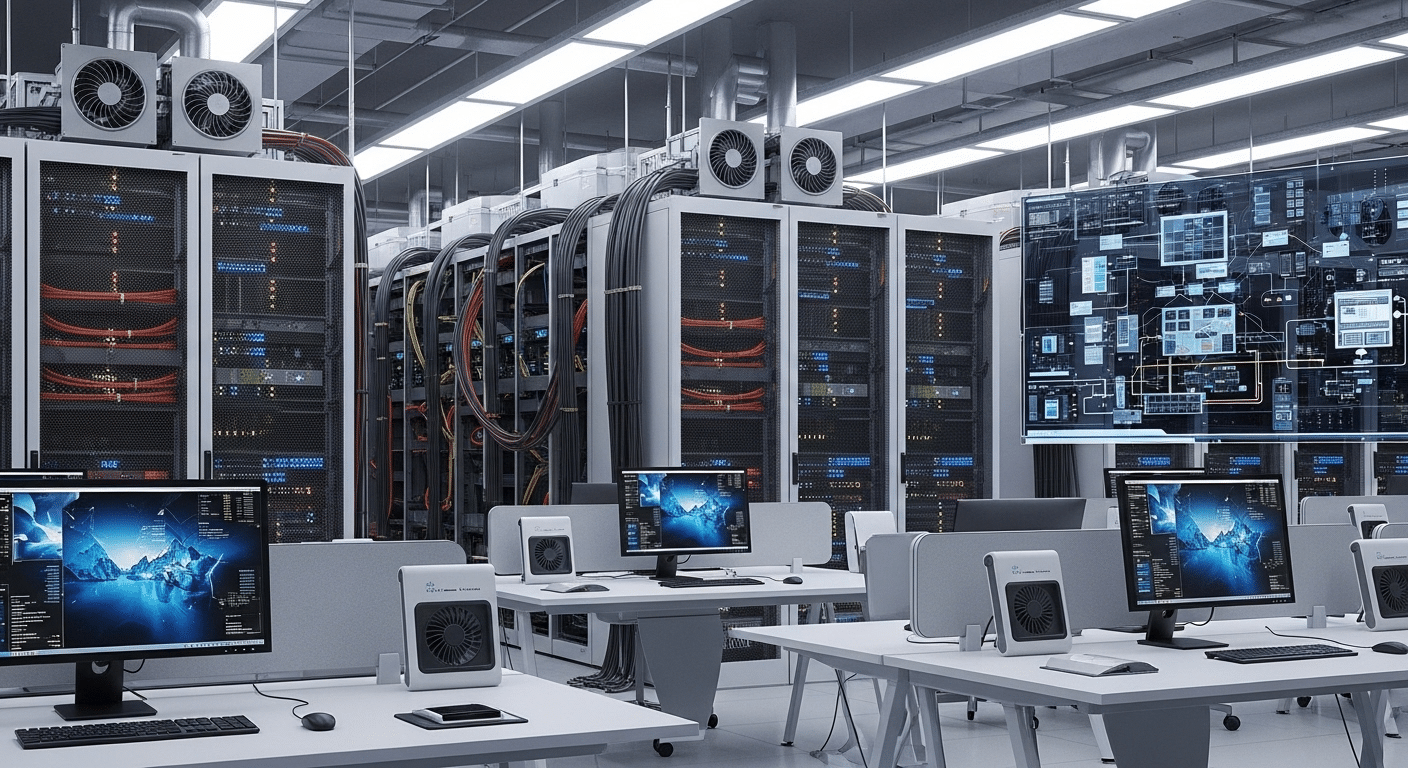 Modern data center powering multiple low-energy thin client and zero client workstations through centralized VDI infrastructure.