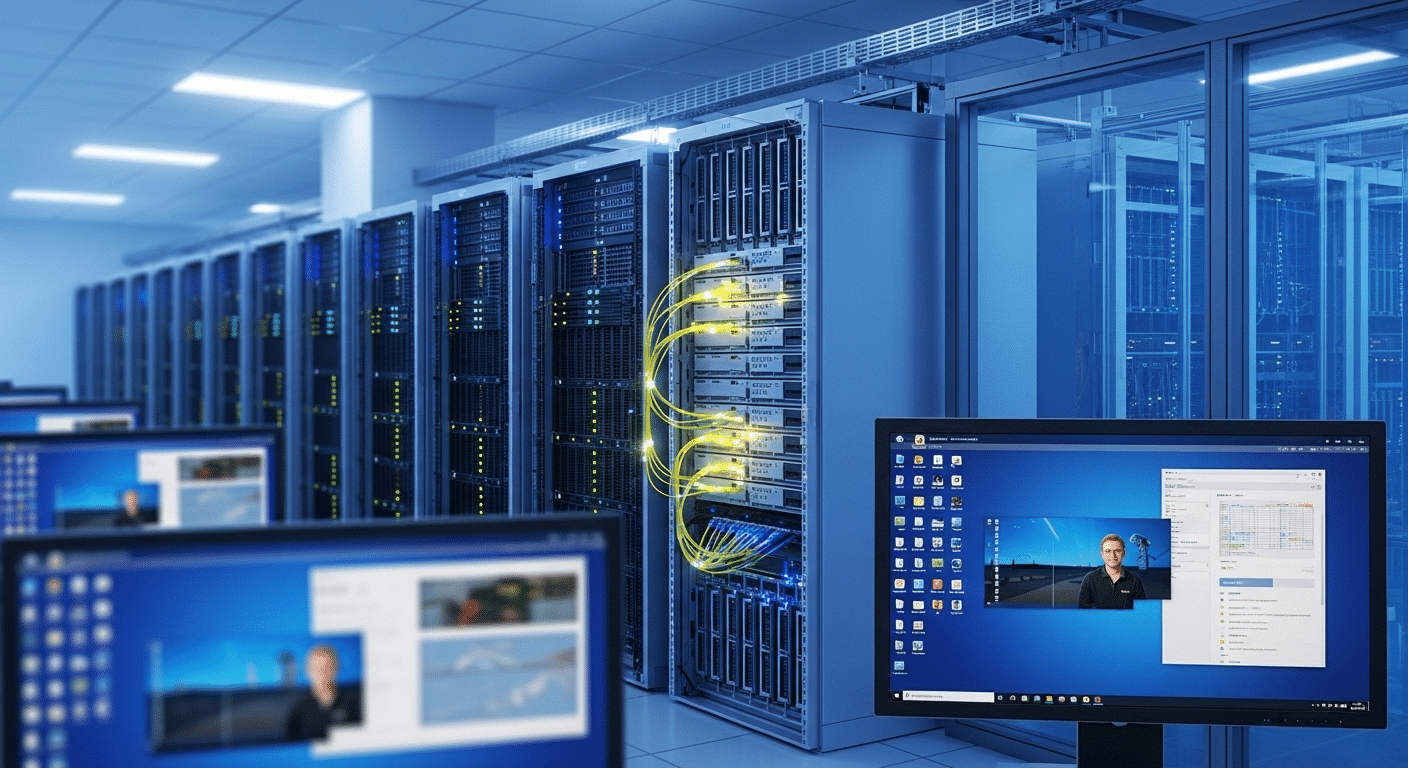 "Data center servers connected to shared SSD storage delivering fast virtual desktop sessions to remote users.