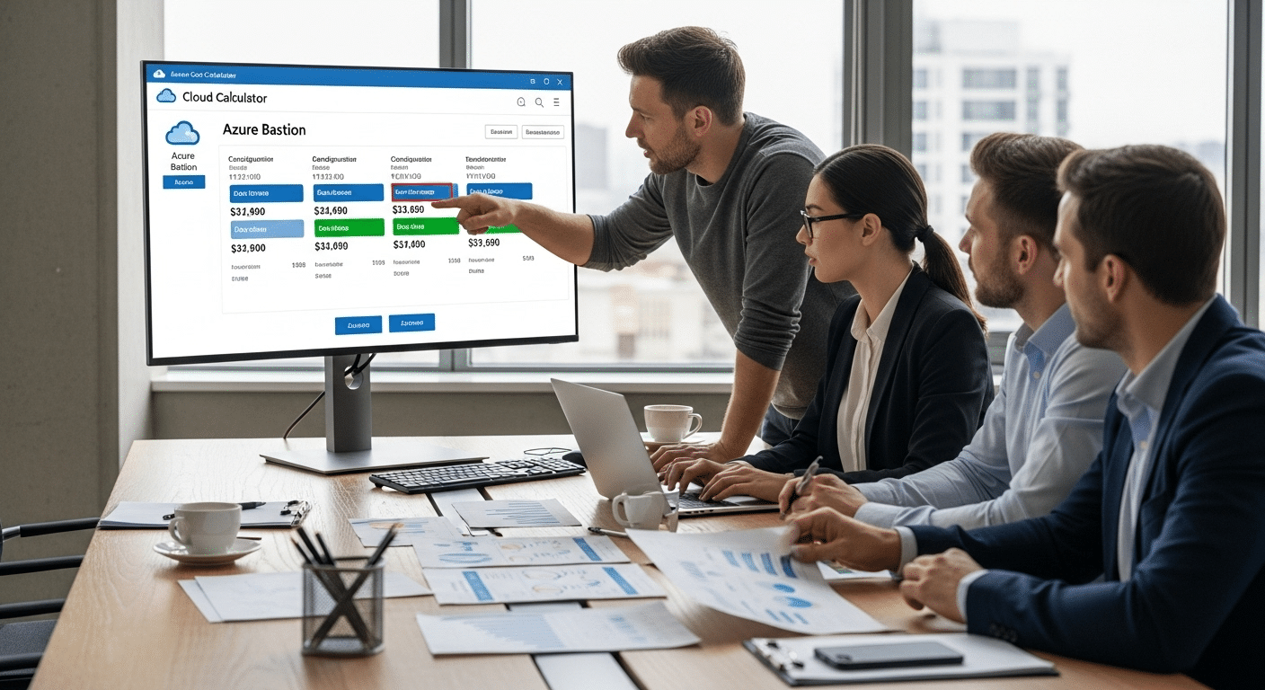 Enterprise IT team evaluating Azure Bastion pricing using a cloud cost calculator and infrastructure comparison charts.