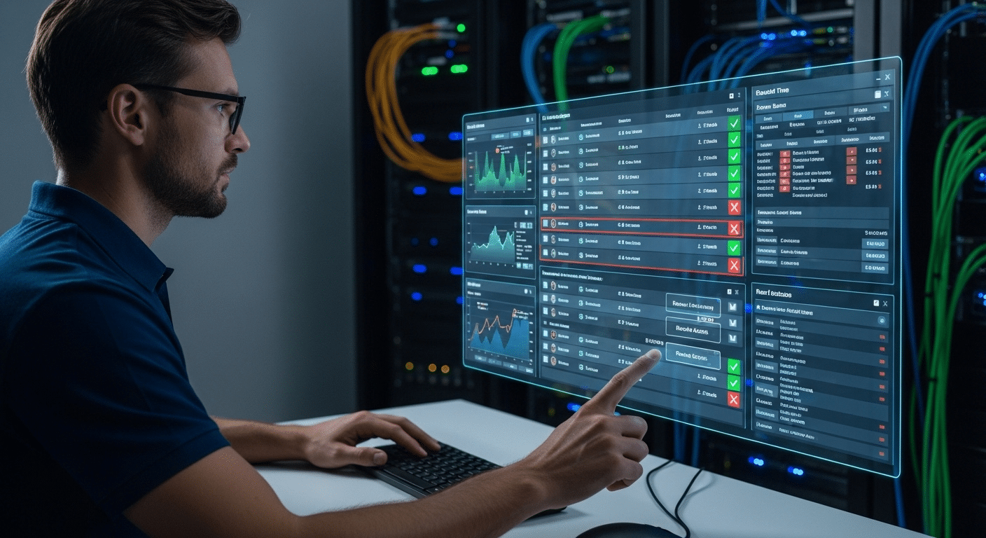Cybersecurity dashboard showing an IT administrator reviewing user permissions and restricting access based on least privilege principles.