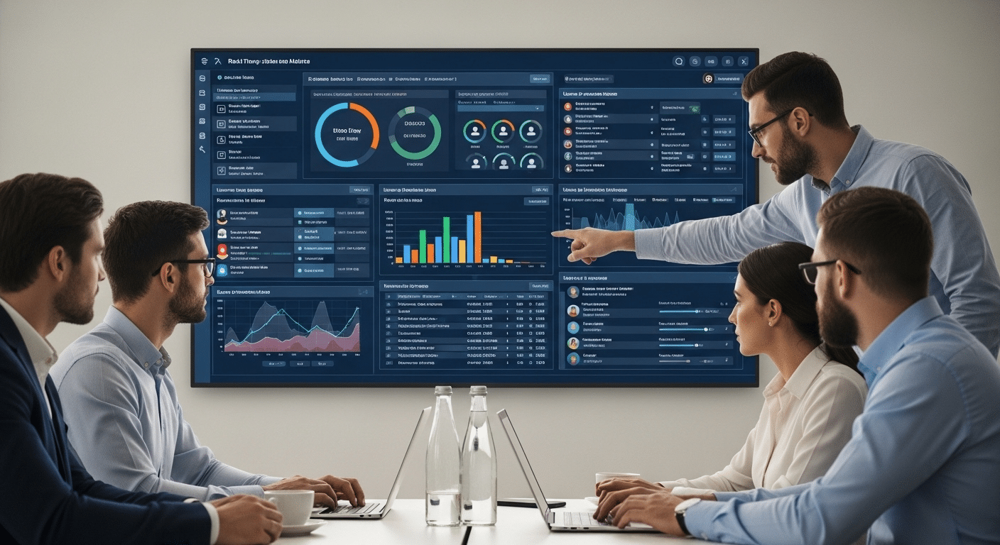 IT security team reviewing a dashboard of user access permissions and system activity while implementing zero trust and least privilege policies.