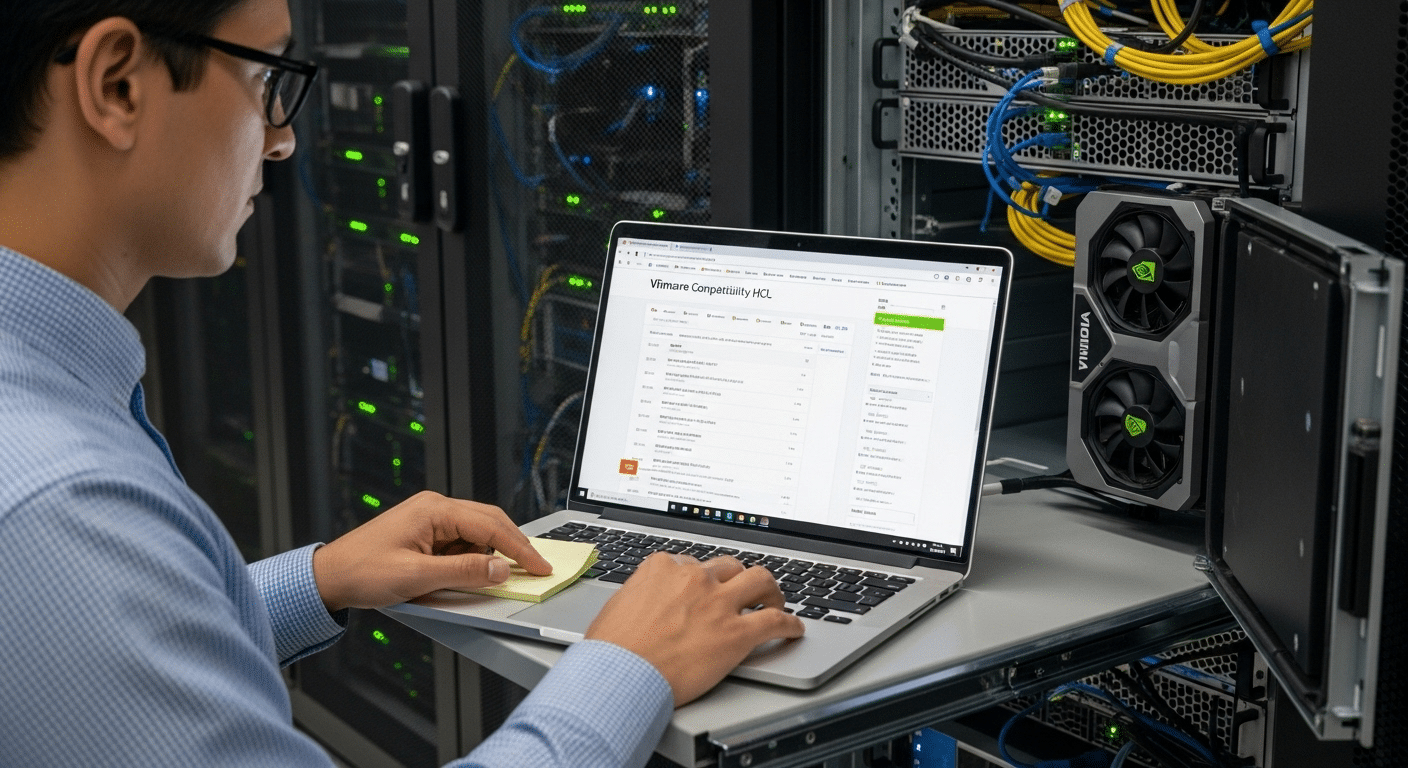 IT administrator validating NVIDIA GPU compatibility and VMware ESXi support using the VMware Hardware Compatibility Guide.