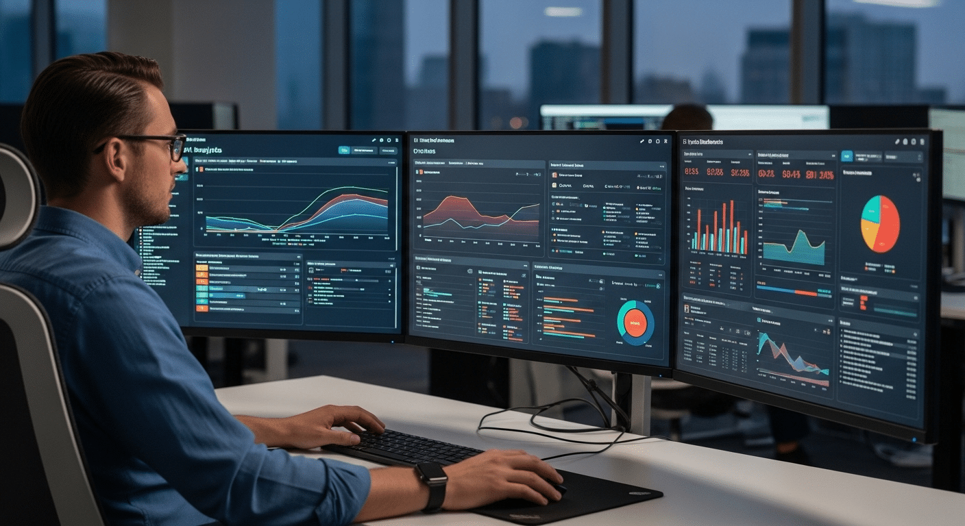 IT engineer monitoring virtual desktop infrastructure analytics with performance charts, user workload data, and system benchmarks.
