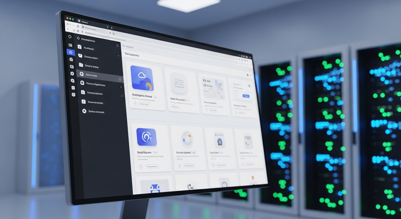 Modern cloud workspace interface running enterprise apps inside a browser with simplified infrastructure in the background.