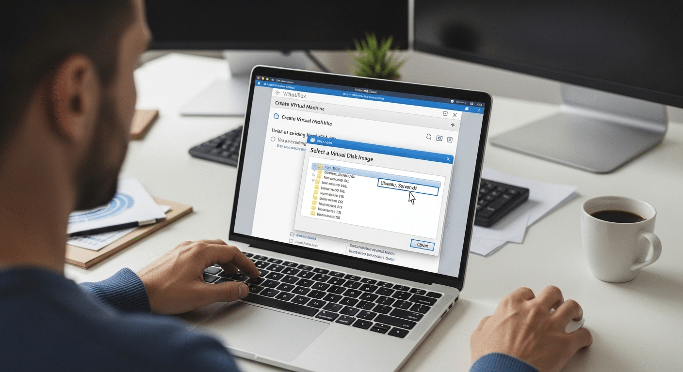Developer creating a virtual machine in VirtualBox while selecting an existing VDI disk image from a file browser.