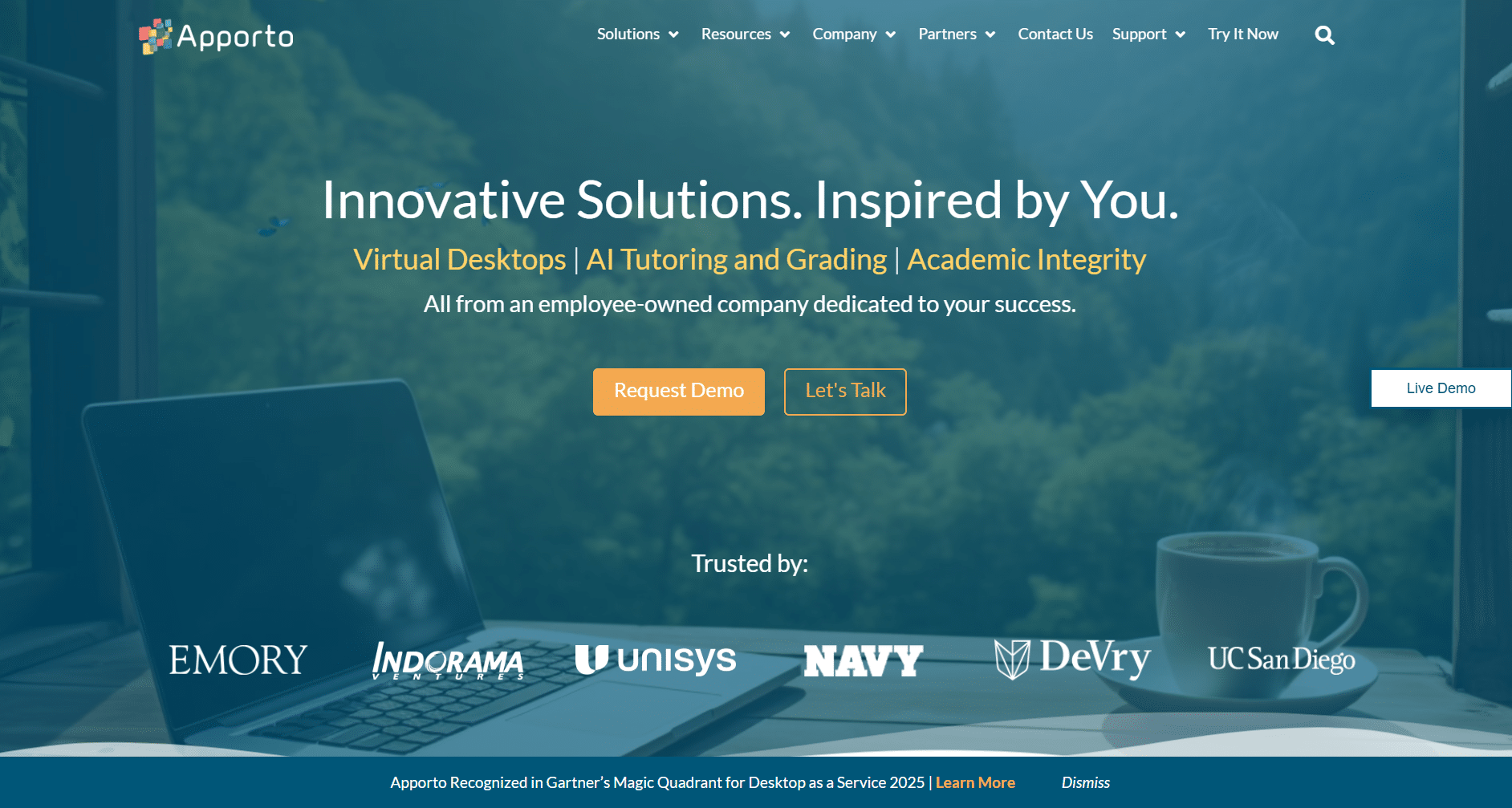 Apporto website homepage highlighting virtual desktops, AI tutoring, and academic integrity solutions with trusted customer logos.