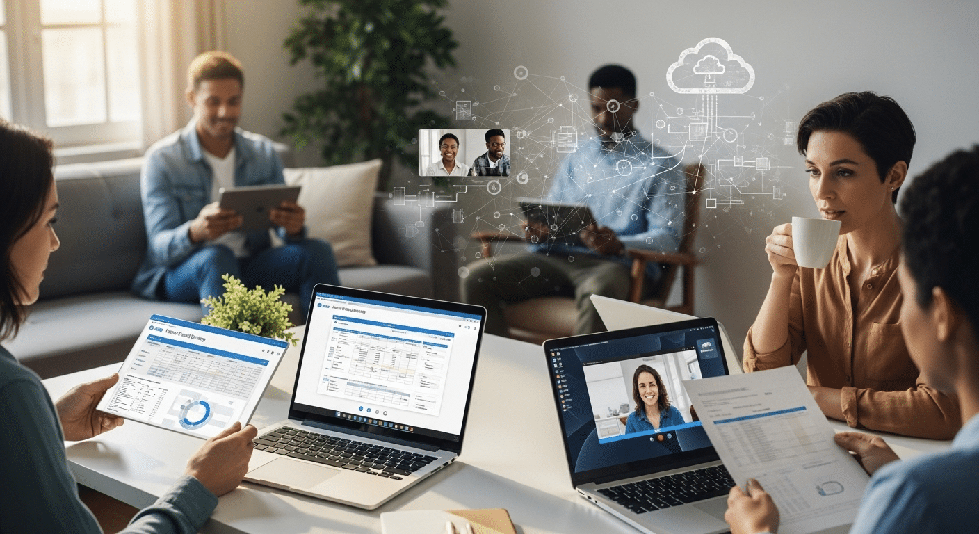 Remote employees connecting to Azure Virtual Desktop session hosts through laptops and tablets over the cloud.