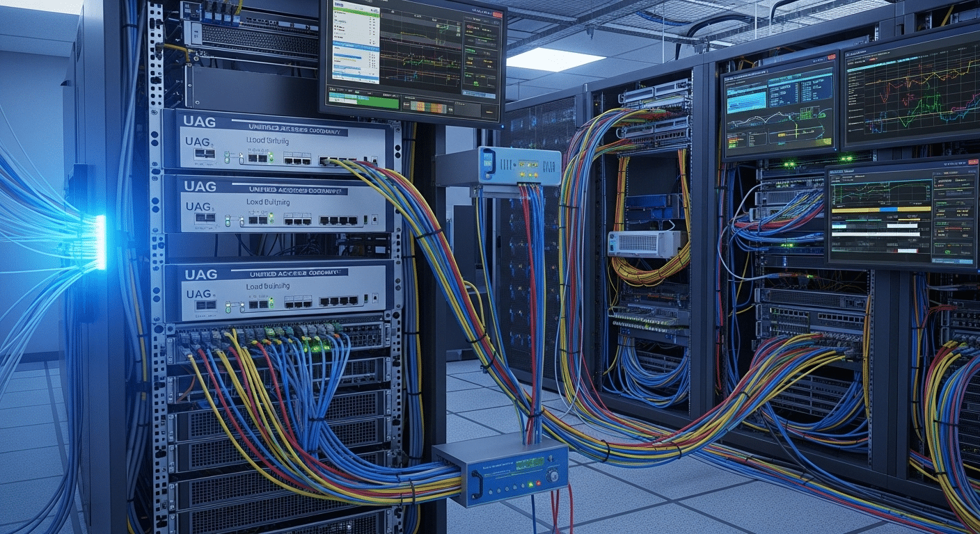 Enterprise IT infrastructure with load-balanced Unified Access Gateways handling secure remote connections to virtual desktops.