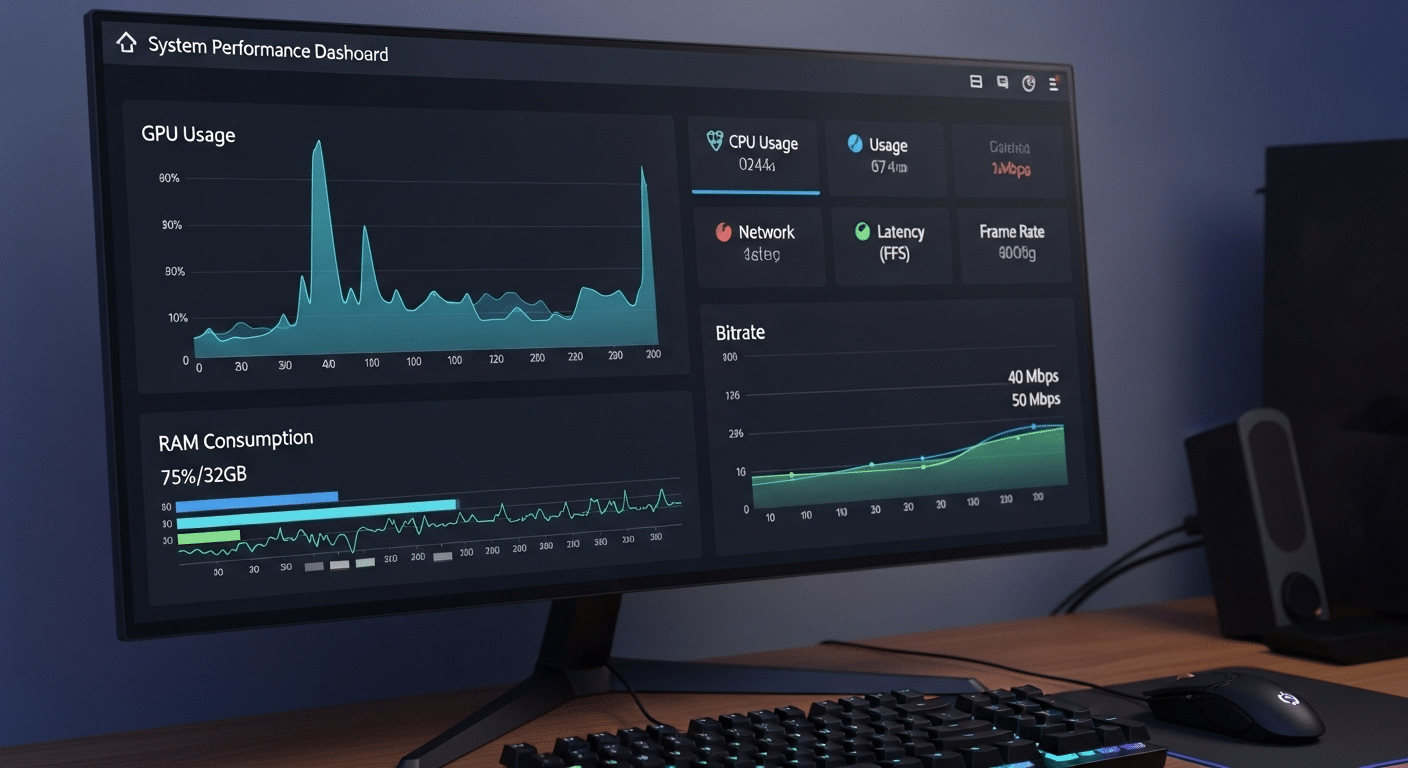 System performance dashboard showing GPU usage, RAM consumption, and bitrate during VR streaming.