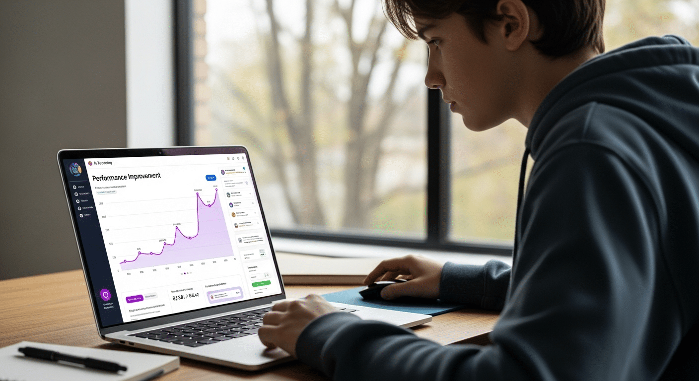 Student using AI tutoring platform with performance improvement graph rising on screen.