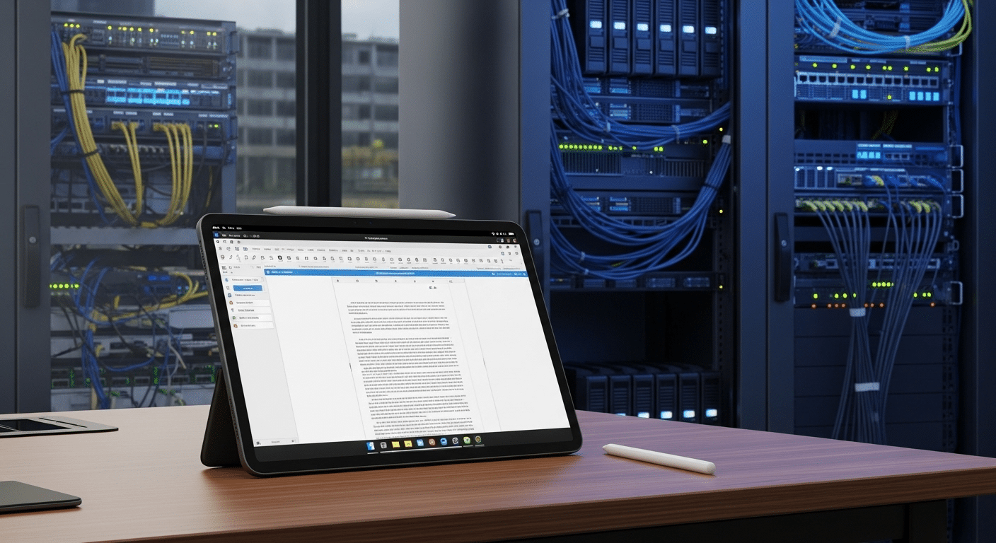 iPad displaying a remote Windows desktop while server infrastructure processes applications in the background.