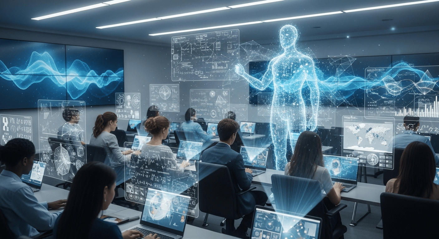 AI-powered virtual tutor helping many students on laptops simultaneously in a digital classroom, representing scalable education technology.