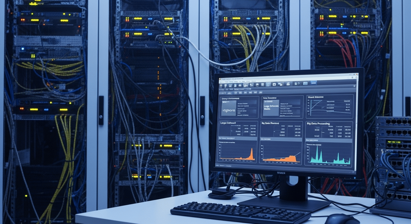 "High-performance computing setup with VMware handling heavy workloads like large builds and data processing.