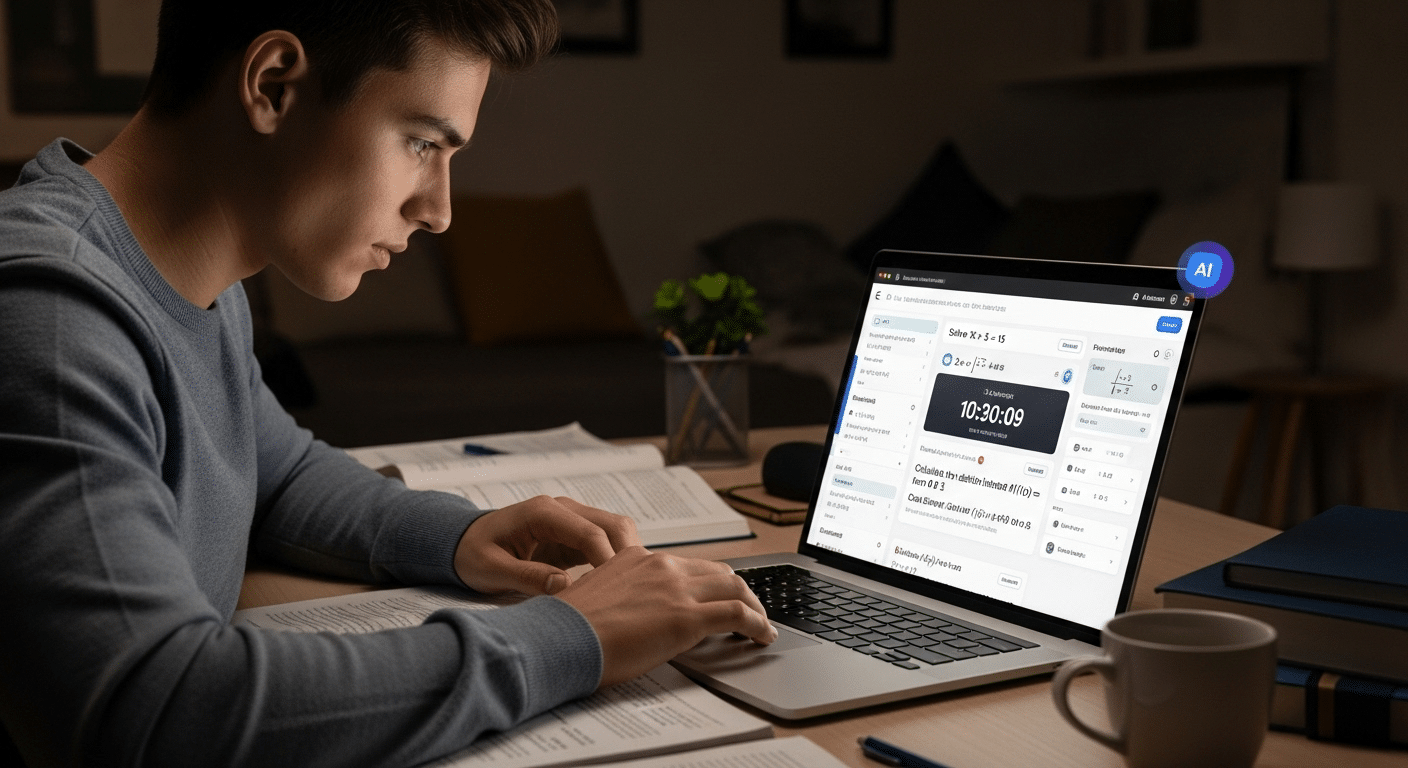 Student quickly solving routine math homework using an online AI platform before a deadline.
