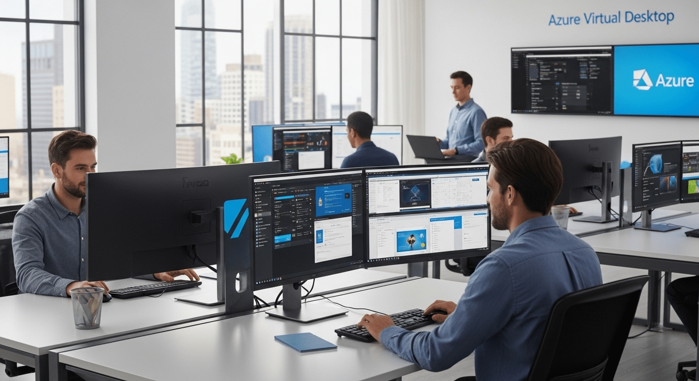 Modern cloud workspace showing multiple users sharing a multi-session Azure Virtual Desktop environment hosted on Azure servers.