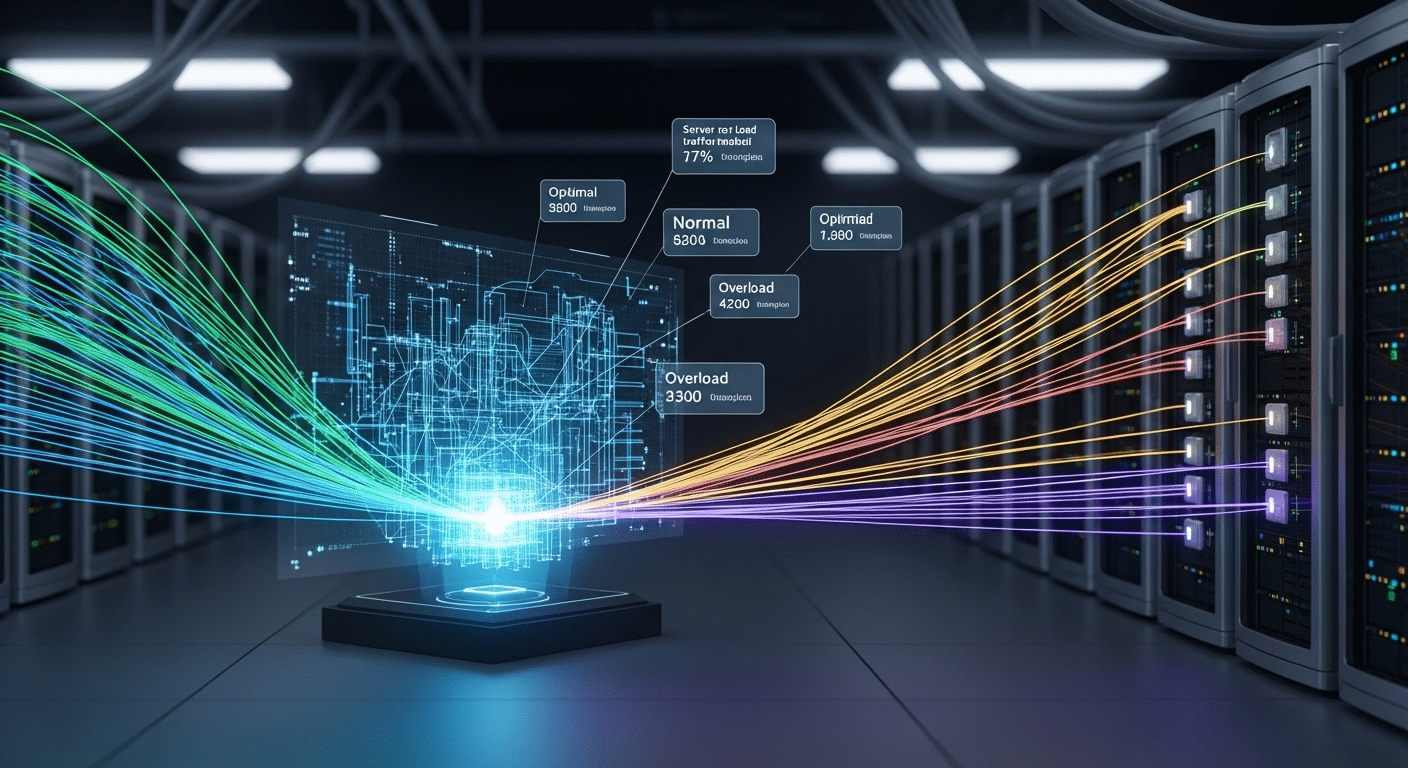 Visualization of a network traffic controller directing incoming user requests to different backend servers to prevent overload.