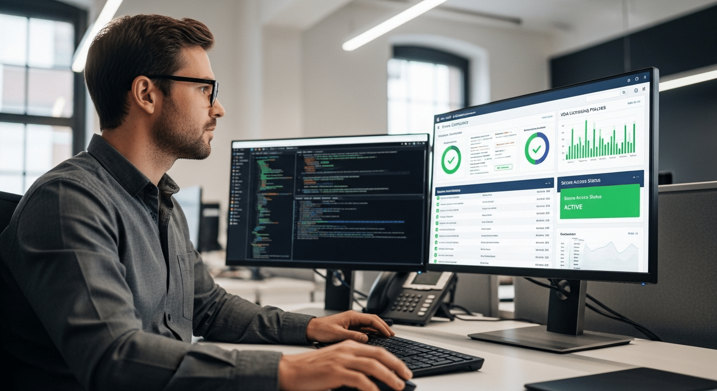 IT administrator managing device compliance and VDA licensing policies for secure access to corporate virtual desktops.
