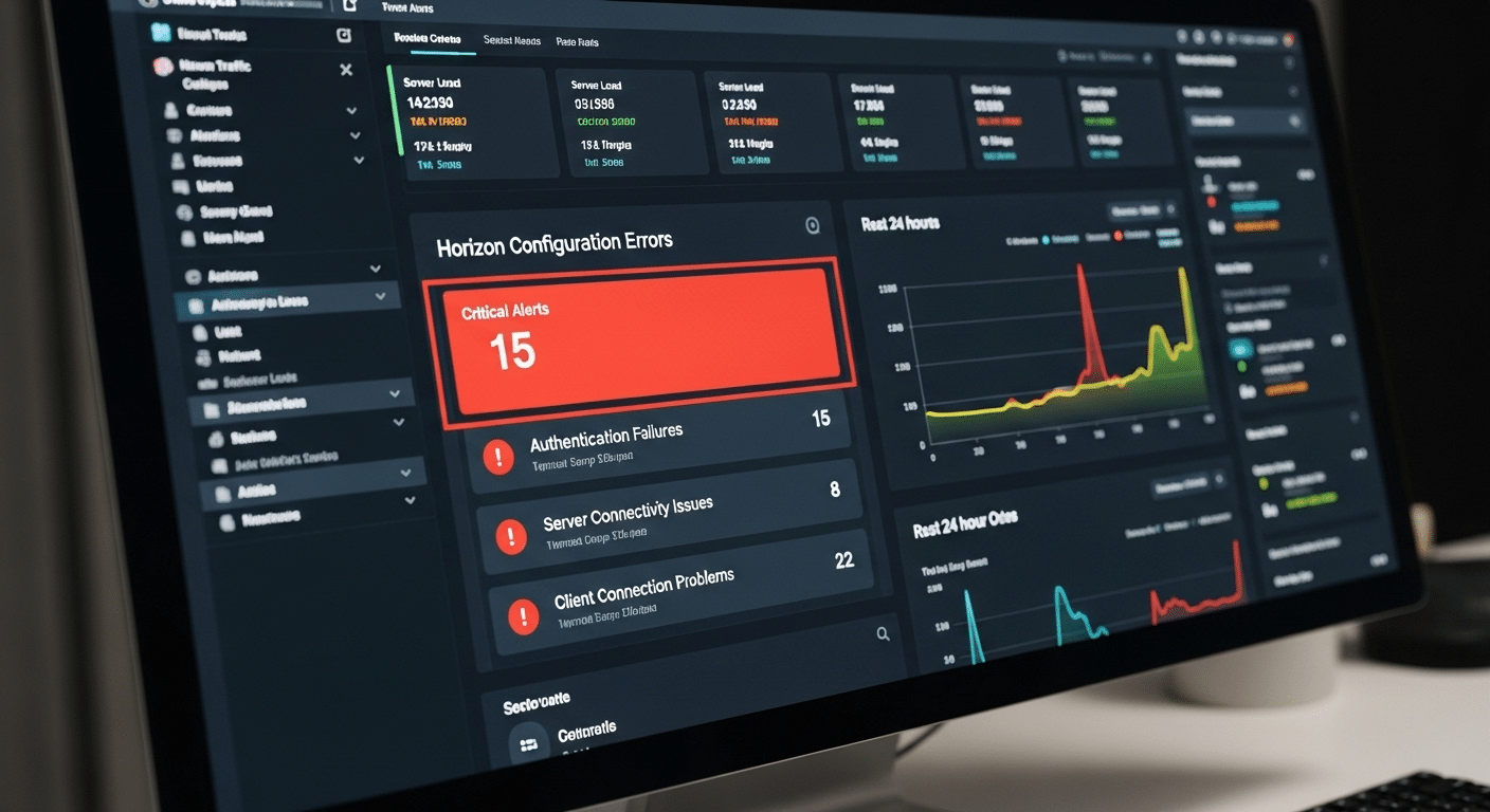 Enterprise IT dashboard highlighting Horizon configuration errors including authentication failures, server connectivity issues, and client connection problems.