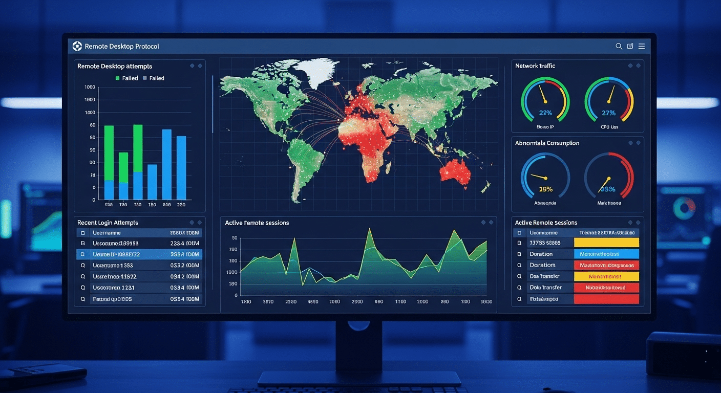 Cybersecurity dashboard monitoring Remote Desktop login attempts and remote session activity for suspicious behavior.