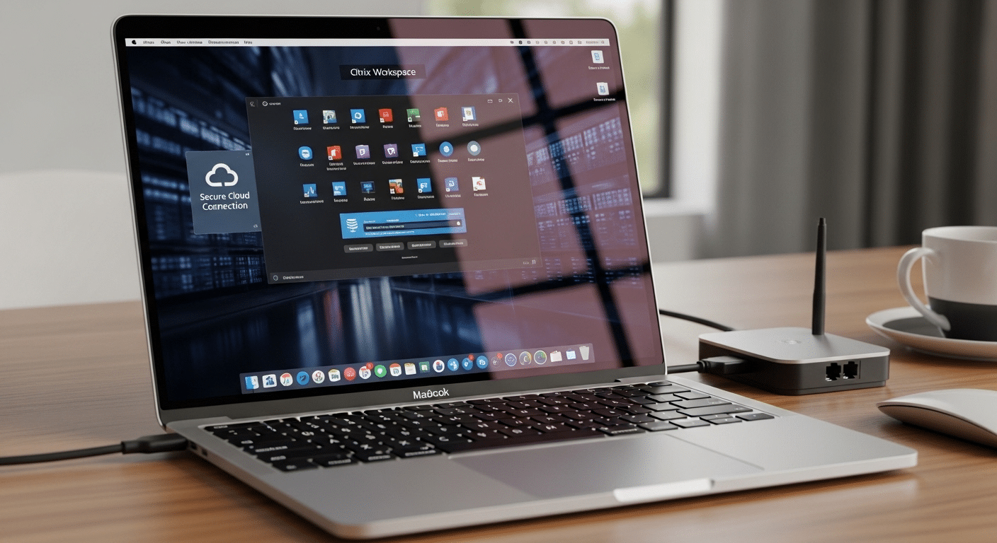 MacBook connected to Citrix Workspace showing remote desktop streamed from a secure cloud server.