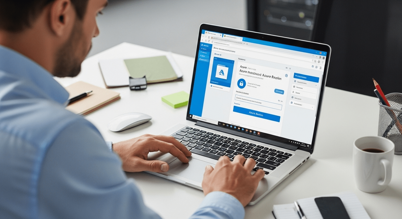 IT administrator accessing an Azure virtual machine through Azure Bastion via the Azure portal with encrypted connection.