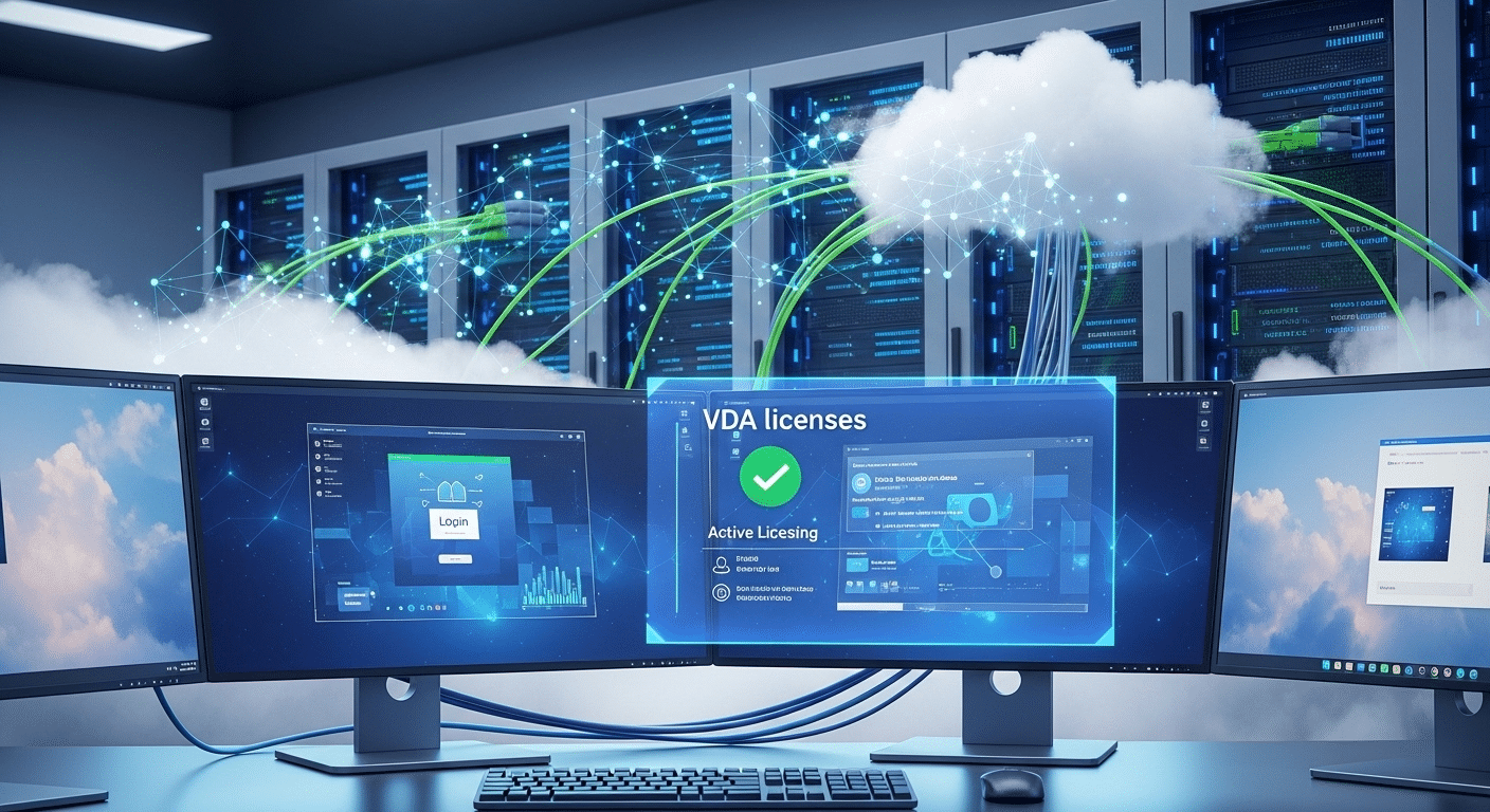 Cloud desktop environment where VDI servers host desktops and VDA licenses grant legal access for user devices.