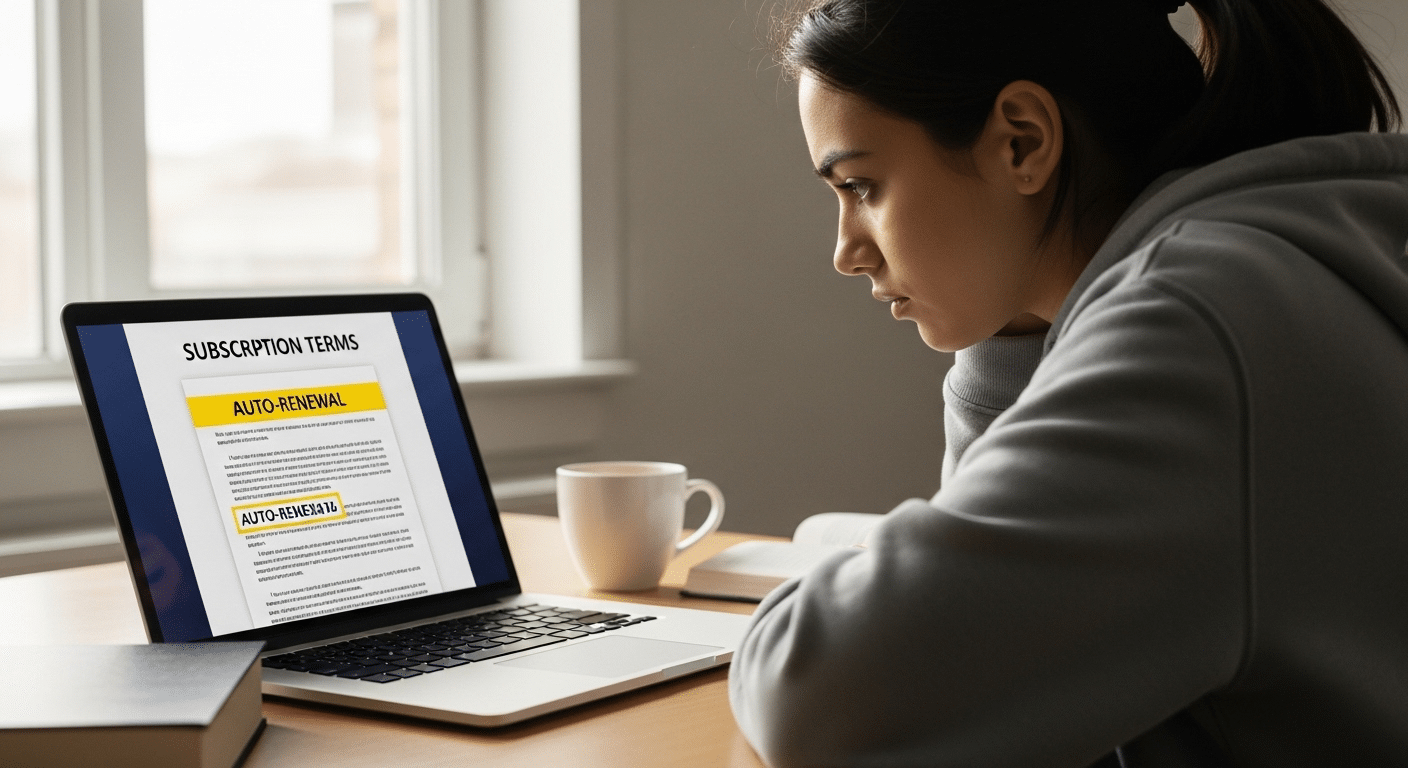 Student reviewing subscription terms on a laptop with auto-renewal date highlighted on the screen.